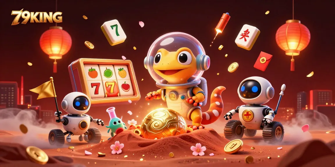 Experience the excitement of 79KING with a vibrant Martian gecko discovering a gold casino on Mars.