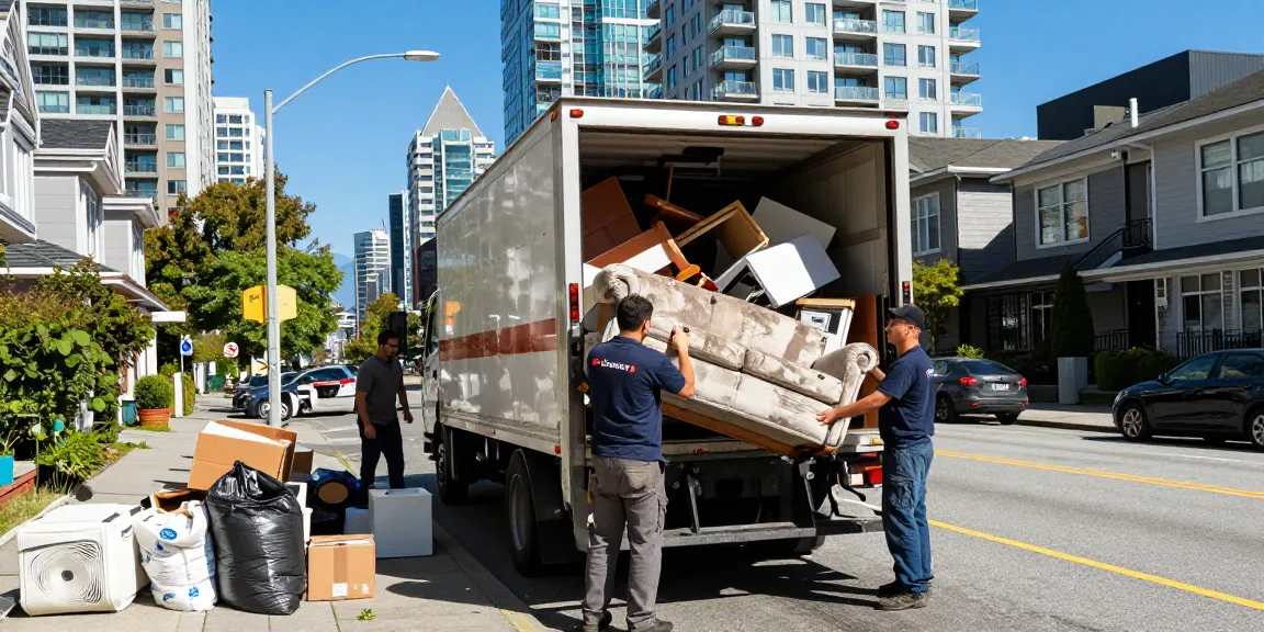 Junk Removal Vancouver services in action, with workers loading furniture and appliances into a truck in an urban setting.