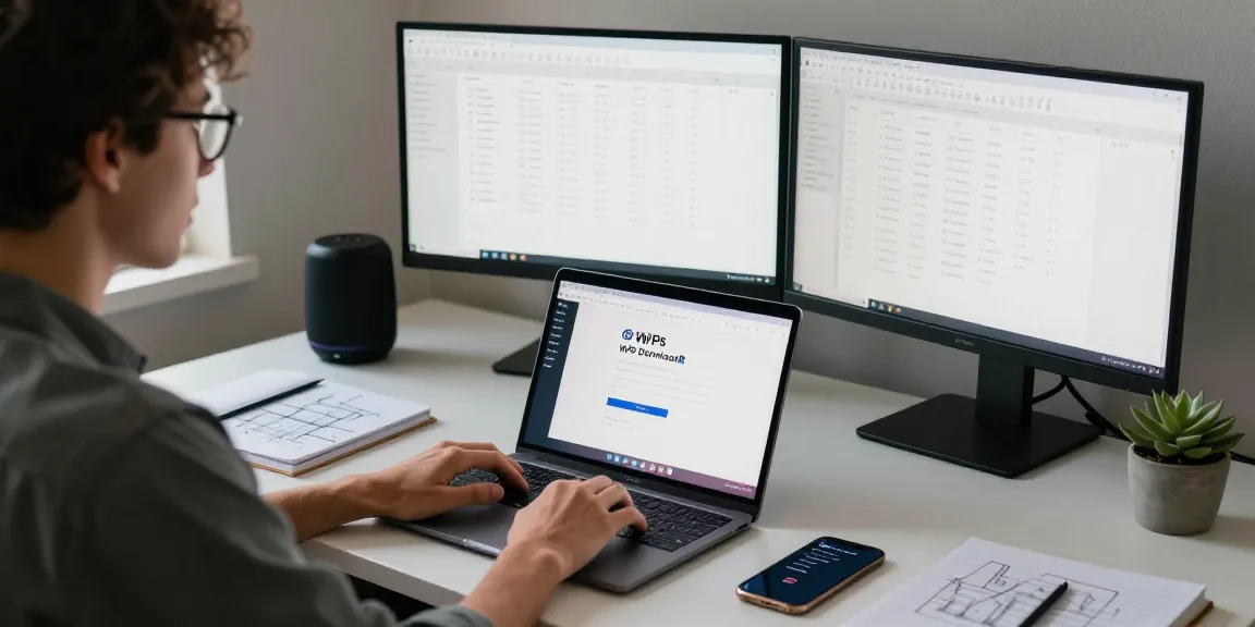 Focused individual with glasses using WPS Download on a sleek home workspace with laptop and monitors.