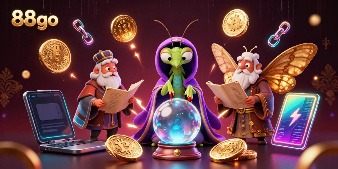 Engage with 88go's immersive casino games through a vibrant illustration of fortune tellers and crypto elements.