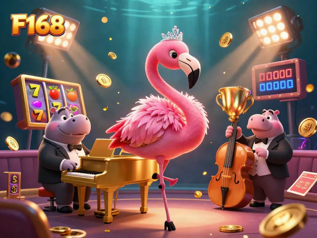 Engage with F168's vibrant casino scene showcasing interactive slots with fruit symbols and lively characters.