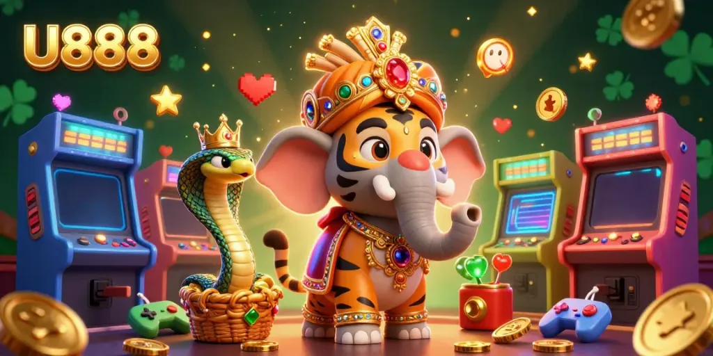 Experience U888's dynamic gaming world with vibrant arcade elements and a royal theme.