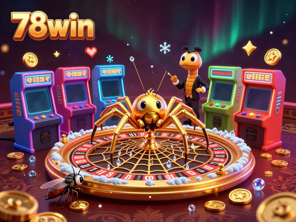 Engage with the thrilling world of 78win, where a golden spider weaves roulette magic amidst vibrant 3D game elements.