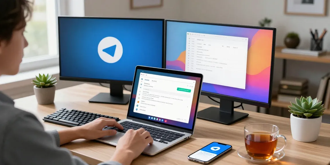 Configuring Telegram Chinese settings in a modern home office with sleek tech setup.