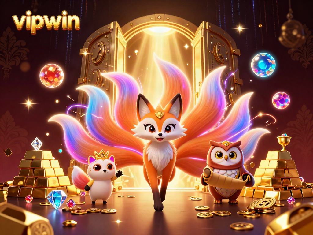 Experience the vibrant gaming realm of vipwin, showcasing a colorful fox spirit, a wise owl, and treasures galore.