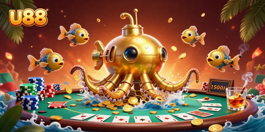 Experience the thrill of u88 with a vibrant underwater casino scene featuring a golden kraken amidst poker riches.