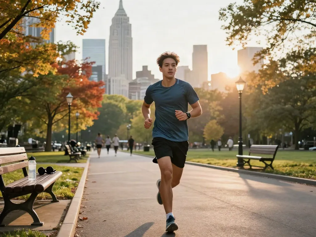Streek running scene in city park with athlete jogging, colorful trees, and skyline.