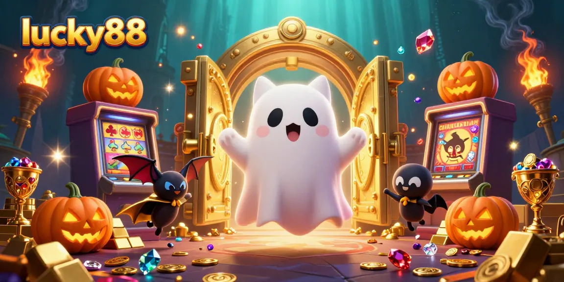 Engage with lucky88's thrilling world of slots and jackpots, featuring a ghost cat and glowing treasures.