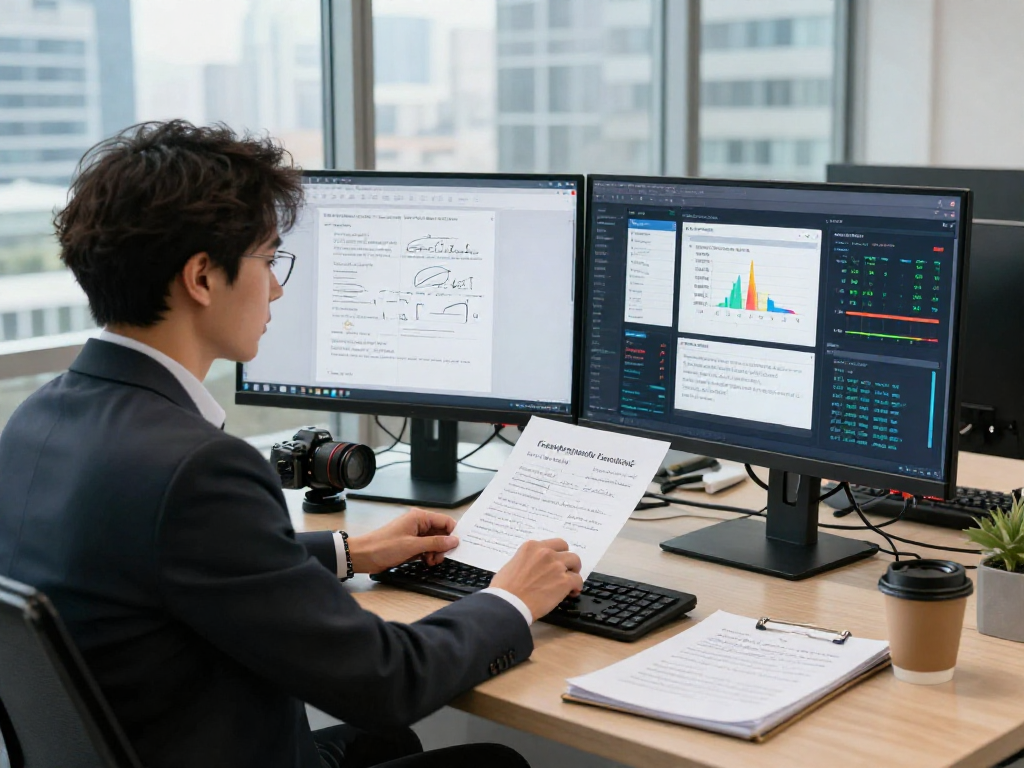 Professional analyzing document fraud detection trends with advanced AI tools in a modern office.