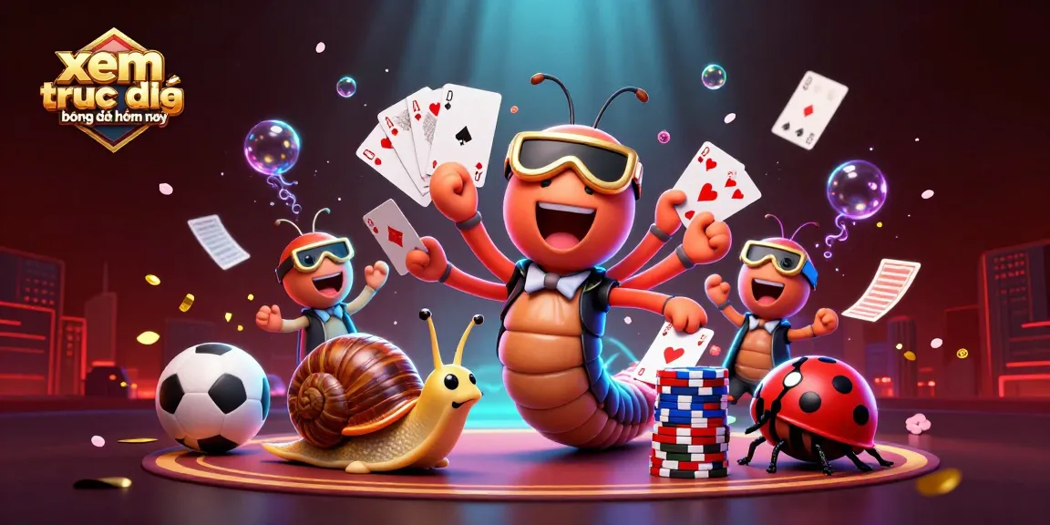xem trực tiếp bóng đá hôm nay with a cartoon millipede dealer and colorful gambling elements showcases dynamic energy.