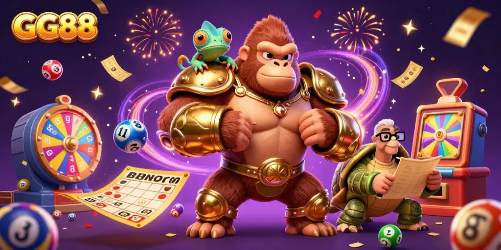 GG88 champions at a vibrant casino scene with a cartoon gorilla king, a chameleon spy, and a tortoise elder.