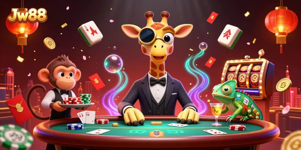 Engage in thrilling gaming with a high-roller giraffe and vibrant casino elements at Jw88