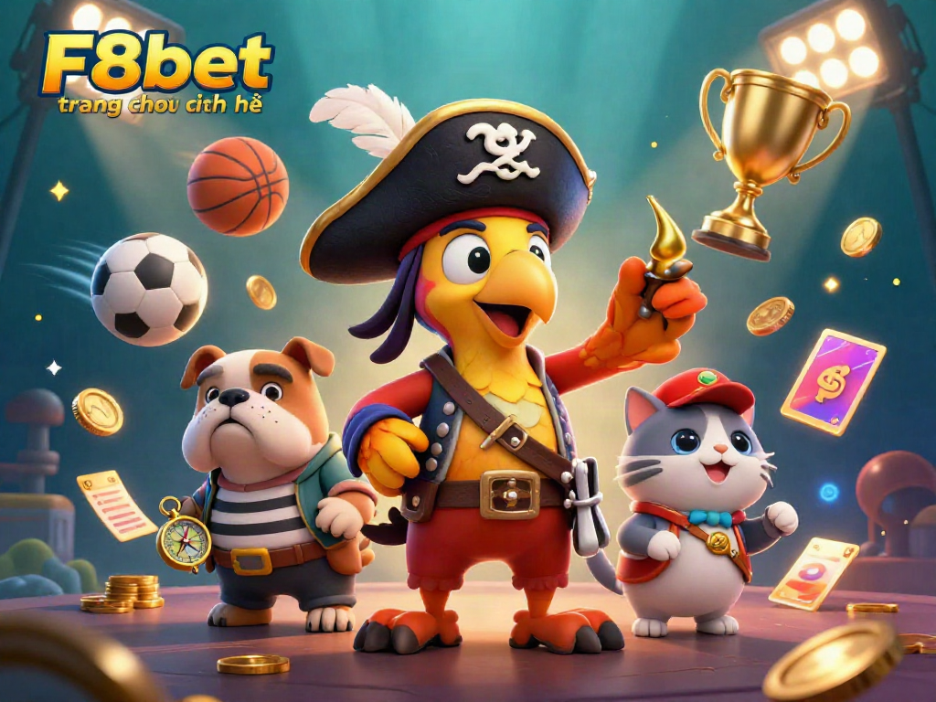 Engage in dynamic sports betting with F8bet trang chủ chính thức, illustrated with a colorful trio of characters amidst flying sports elements.