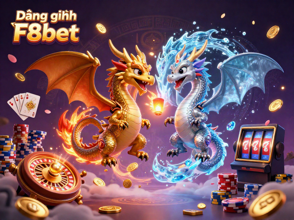 Experience the magic of Đăng ký F8bet with dragons and shimmering coins in a vibrant casino scene.