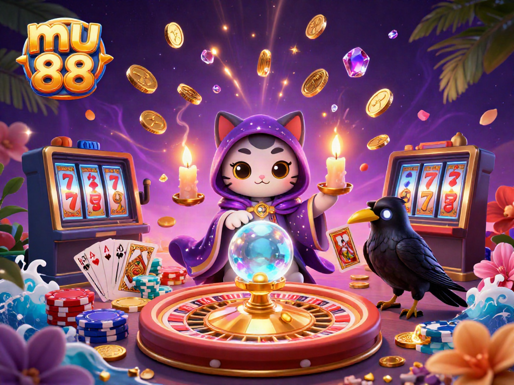 Experience thrilling fun with mu 88 in this dynamic scene of mystic creatures and dazzling casino games.
