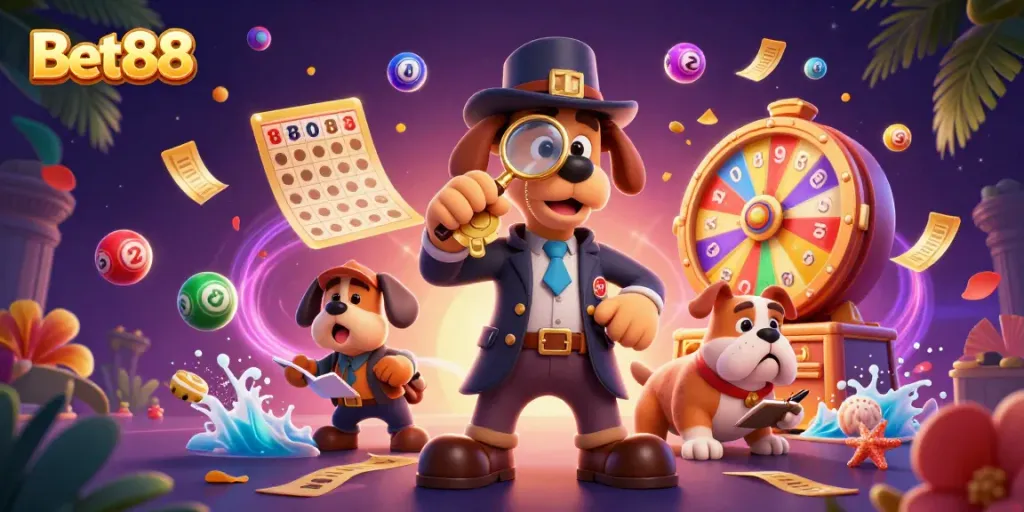 Play exciting games and win big at Bet88, with colorful balls and golden poker chips in play.