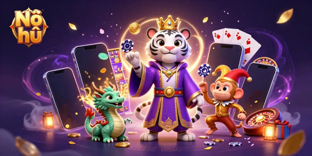 Experience the excitement of Nổ hũ as the white tiger, monkey, and dragon celebrate wins with vibrant casino elements.