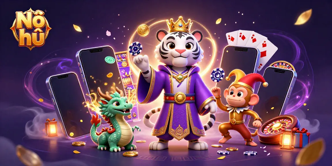 Experience the excitement of Nổ hũ as the white tiger, monkey, and dragon celebrate wins with vibrant casino elements.