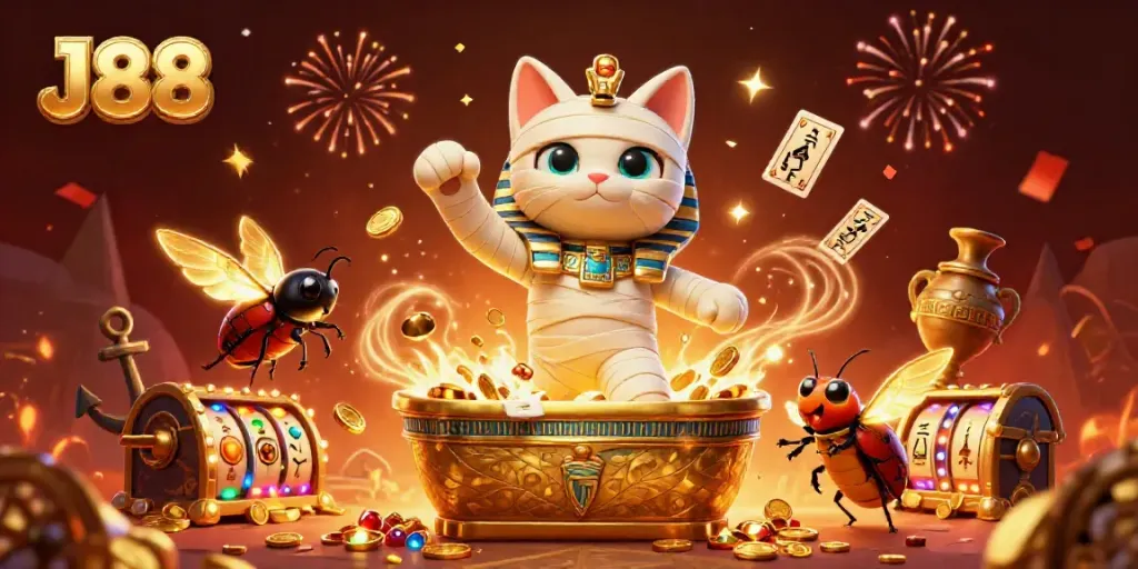 Experience thrilling adventures at J88 with an animated Egypt-themed casino scene featuring exciting characters and slot elements.
