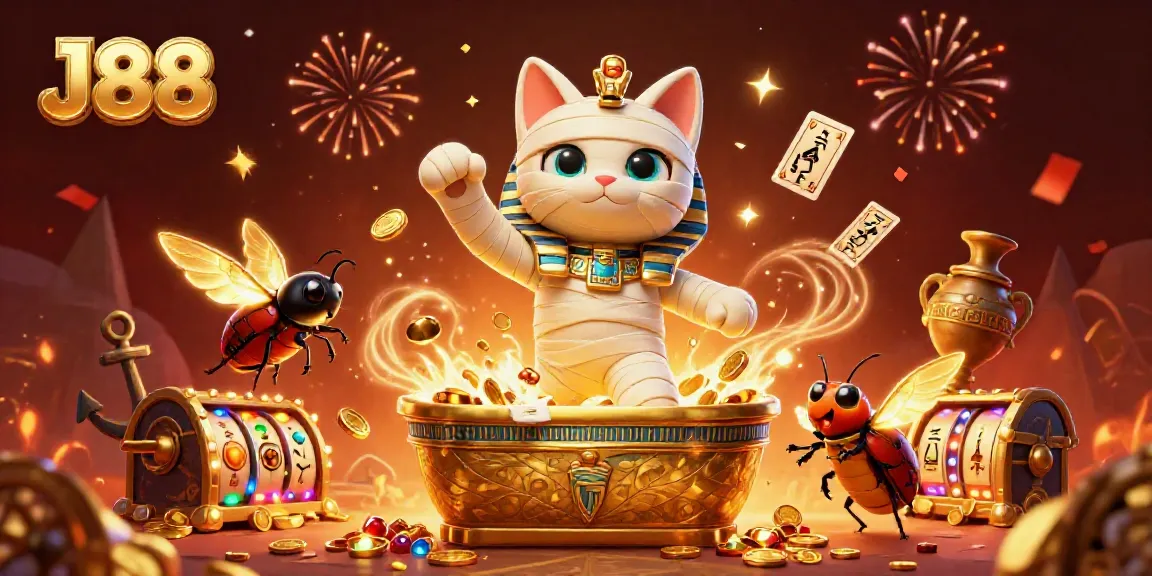 Experience thrilling adventures at J88 with an animated Egypt-themed casino scene featuring exciting characters and slot elements.