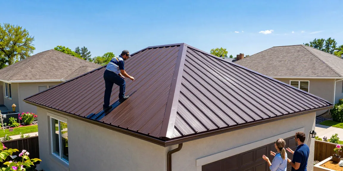 Homeowners discussing satisfaction with metal roofing case studies, showcasing quality workmanship on modern bungalow standing seam roof.