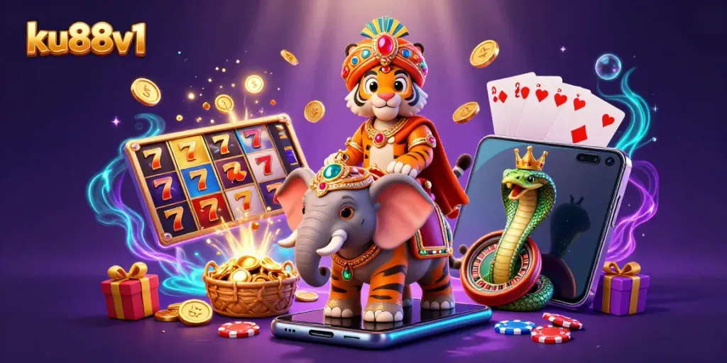 Experience the vibrant casino scene with ku88v1 featuring a maharaja tiger and jewel-encrusted elephant amidst slots and gold coins.