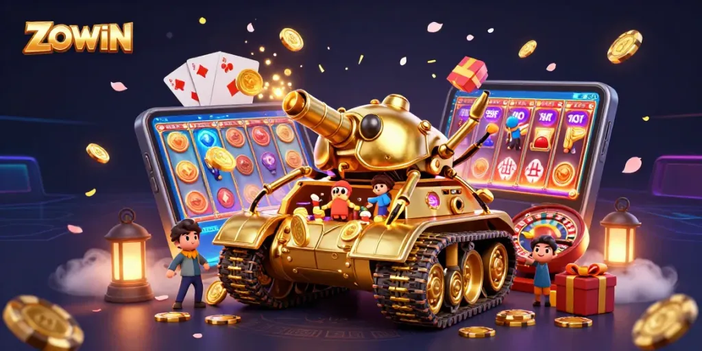 ZOWIN's unique casino adventure begins with a golden beetle tank delivering slot action and festive confetti.