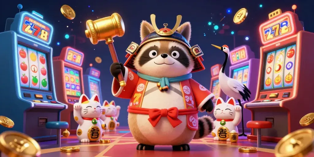 C168's vibrant 3D casino illustration featuring a cheerful tanuki and fortune cats amidst slot machines.