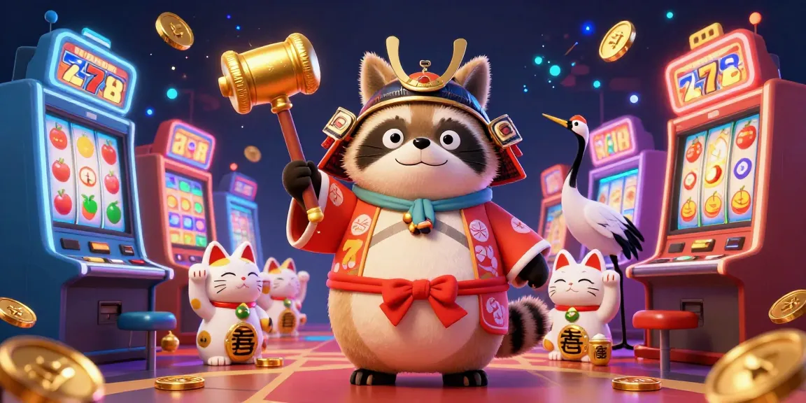 C168's vibrant 3D casino illustration featuring a cheerful tanuki and fortune cats amidst slot machines.