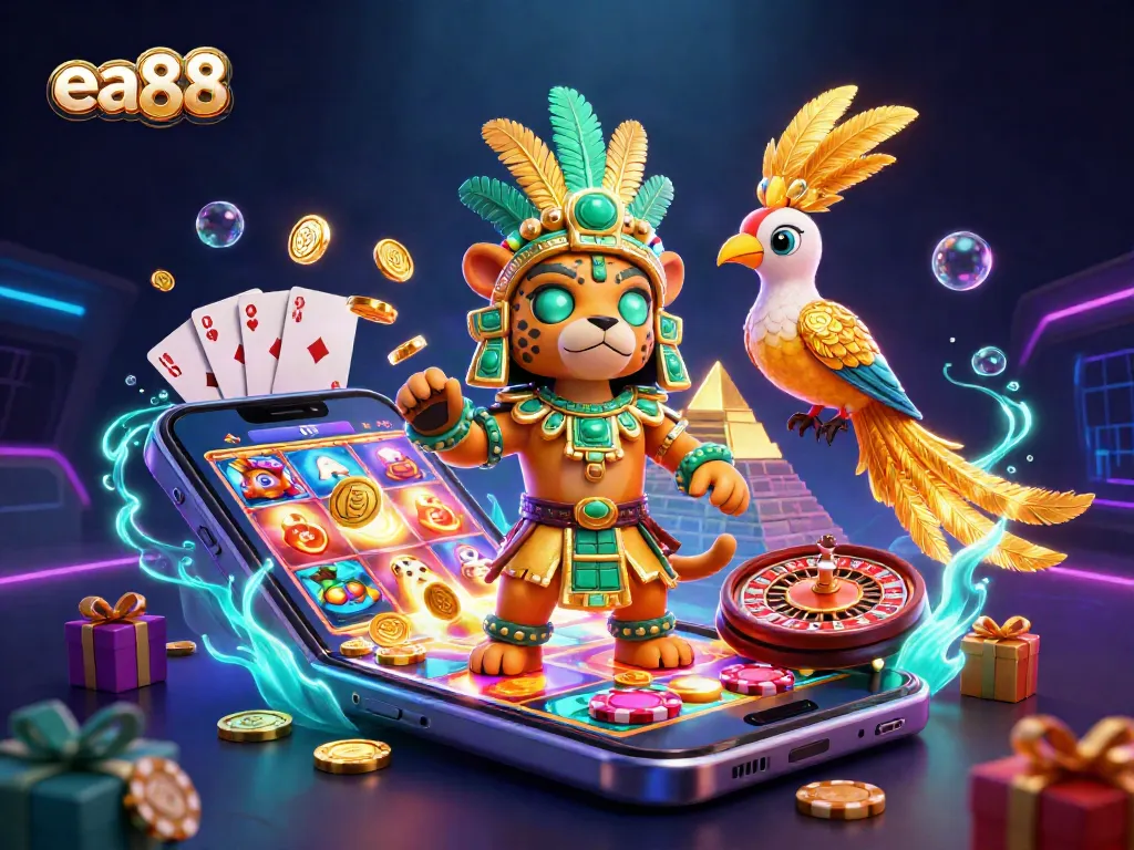 ea88 showcases an exciting slot gaming experience with dynamic characters and vibrant casino elements.