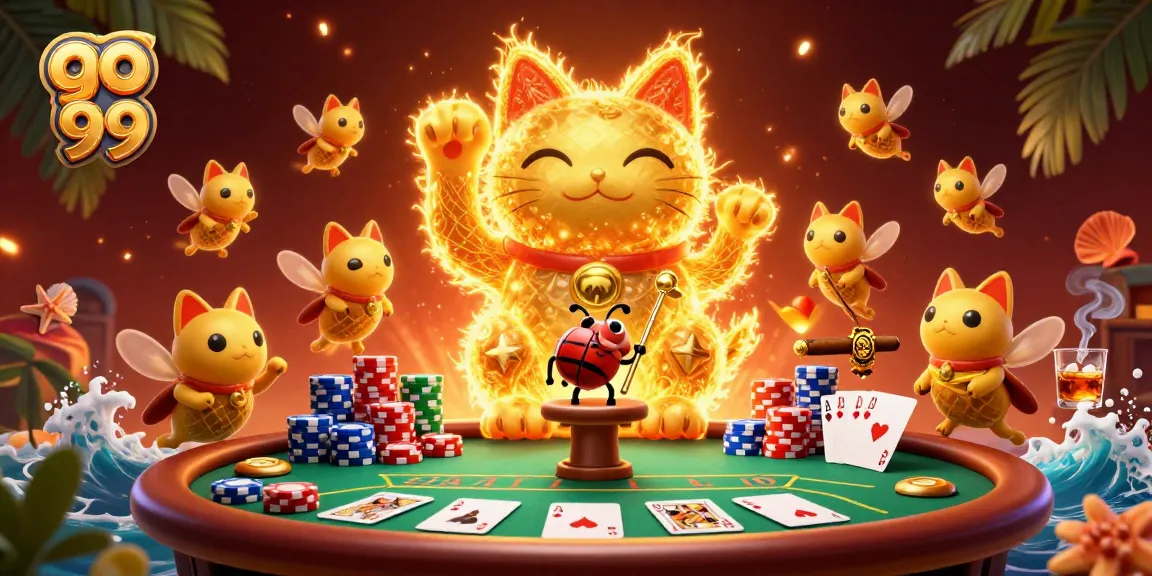 Engage with go 99 in this vibrant casino scene featuring a lucky cat, poker elements, and festive atmosphere.