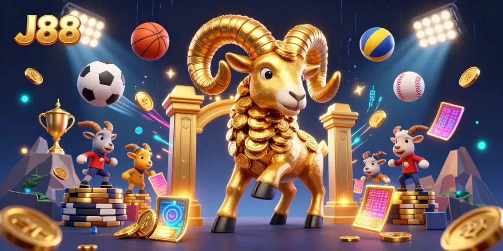 Engage in thrilling bets with J88, showcasing dynamic sports elements and a vibrant casino atmosphere.