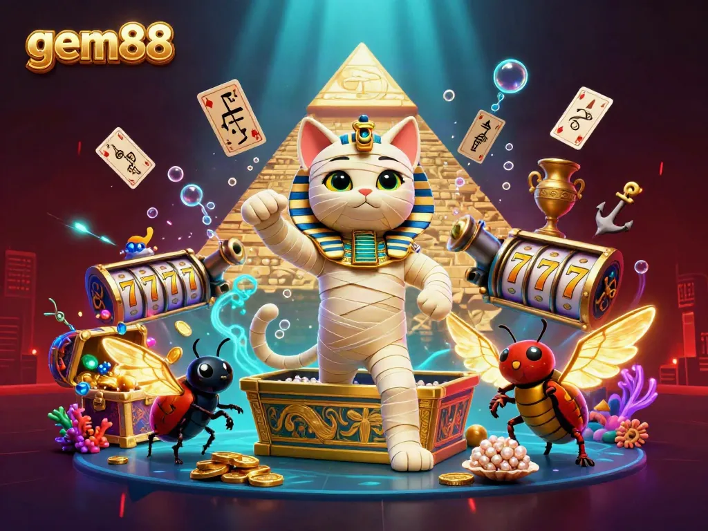 Experience thrill with gem88's vibrant casino, featuring a mummy cat and exciting games!
