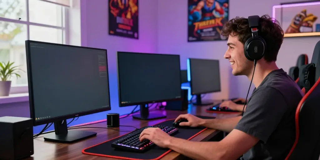A player enjoying an online gaming session at https://du88az.net/ with vibrant LED lights and a sleek setup.