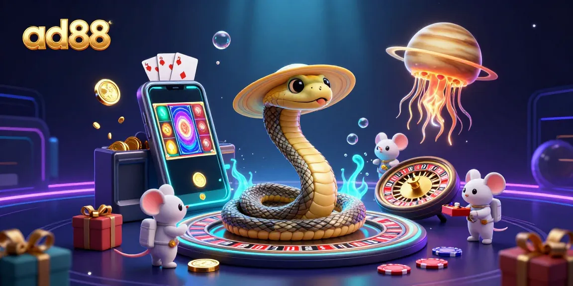 Engage in thrilling gameplay with ad88's cosmic casino scene featuring a Saturn snake, astronaut mice, and golden jellyfish.
