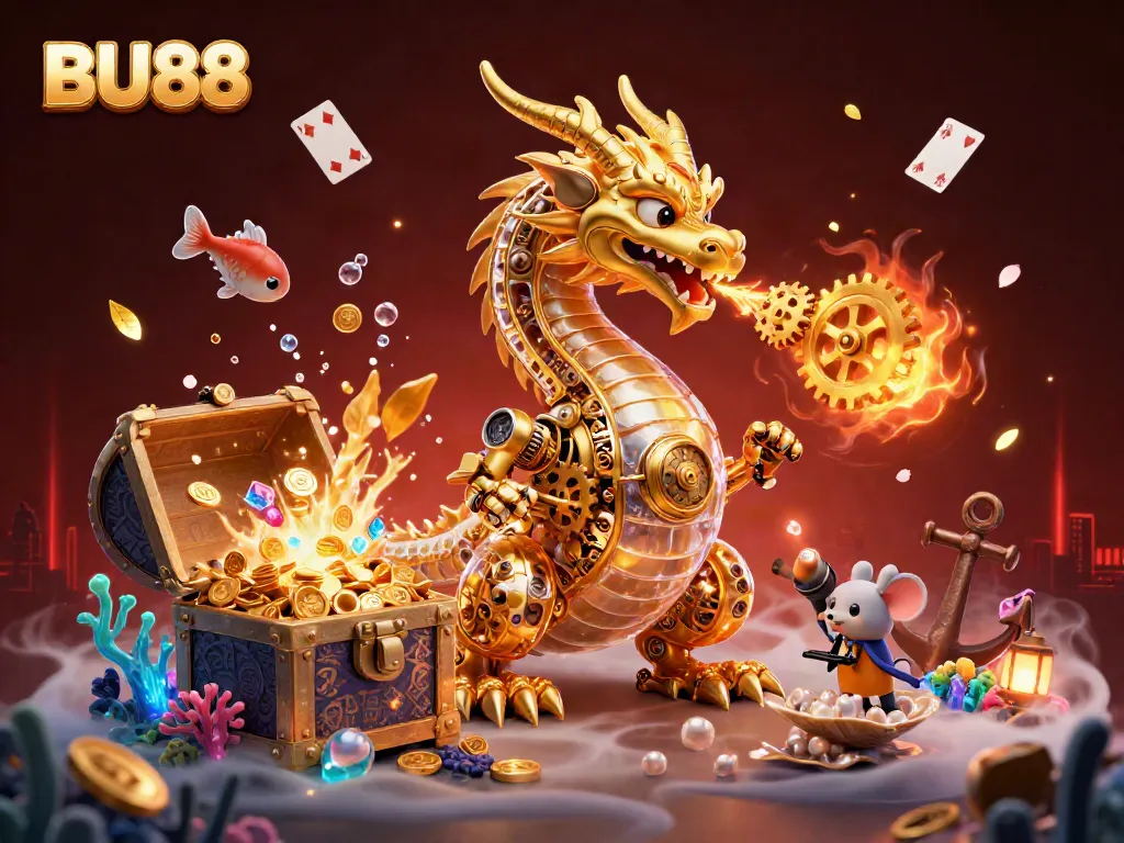 Experience the excitement of BU88 with a vibrant 3D casino scene featuring a golden dragon and gaming elements.