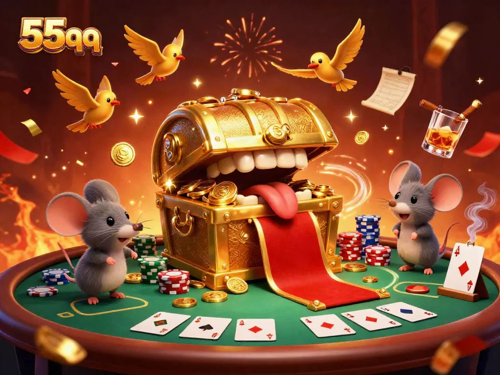 Experience excitement at 55qq with a vibrant casino scene featuring treasures and poker action.