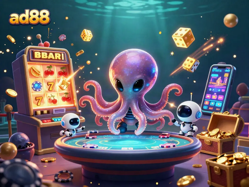 Experience thrilling gameplay with ad88's vibrant casino scene featuring an alien octopus and dynamic game elements.