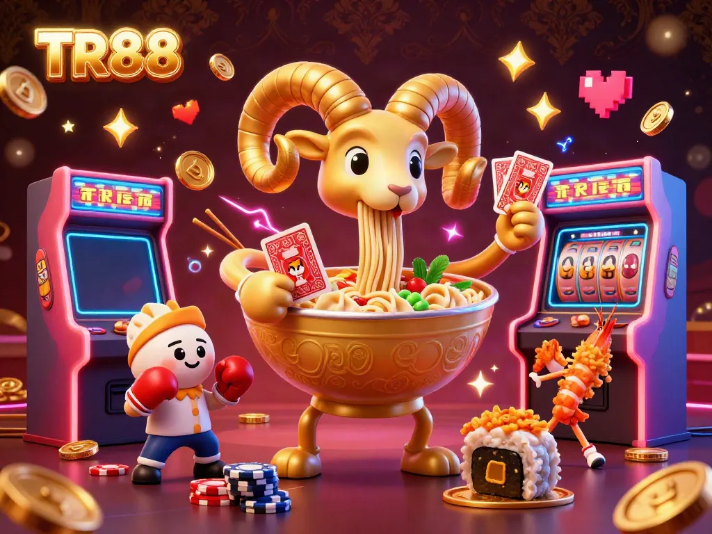 Engage with TR88's vibrant casino scene featuring a golden ramen bowl character amidst dynamic slot machines and games.