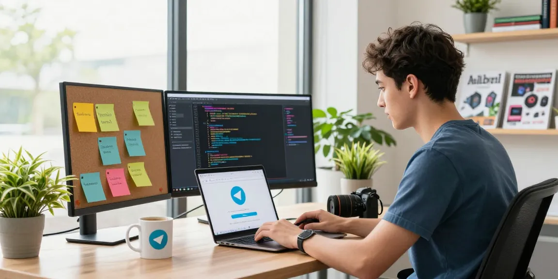 Developer using Telegram download on modern laptop in vibrant office setting.