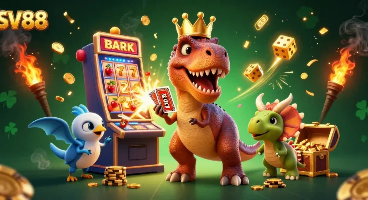 Experience the thrilling world of SV88 with a T-Rex shuffling cards amidst jackpot celebrations and vibrant casino elements.