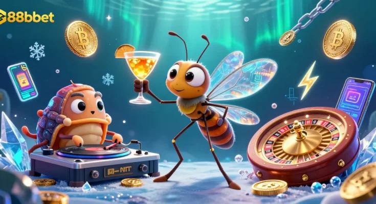 Spin to win at 88bbet with this vibrant 3D casino scene featuring engaging characters and cryptocurrency elements.