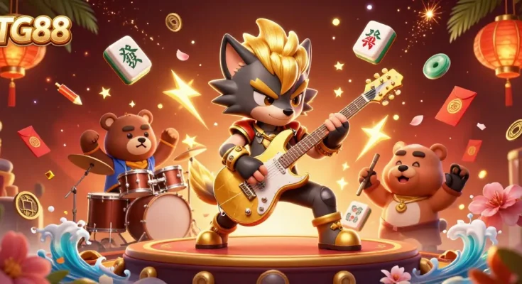 Engage with the vibrant TG88 casino scene, featuring a rock star wolf and drummer bear amidst dazzling game elements.