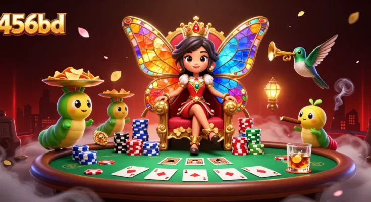 Engage in thrilling poker action at 456bd with a vibrant scene full of colorful characters and casino elements.