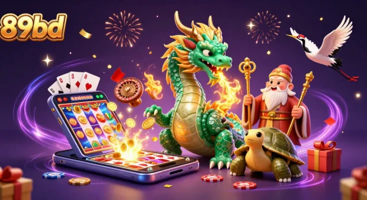 Engage with 89bd's vibrant casino action featuring a dragon, turtle, and cranes.