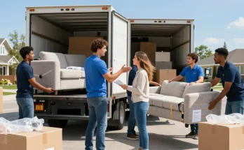 Moving services team loading truck in Calgary with protective gear, organized boxes and furniture.