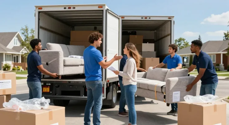 Moving services team loading truck in Calgary with protective gear, organized boxes and furniture.