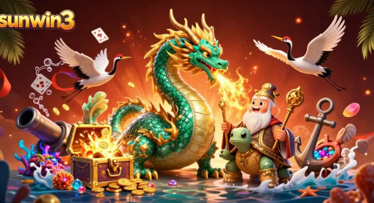 Experience thrilling gameplay with sunwin3 as the lucky jade dragon breathes golden fire amid vibrant casino elements.