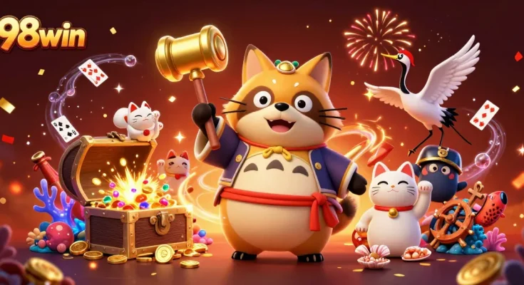 Experience gaming excitement at 98win with colorful characters and treasure amid festive casino action.