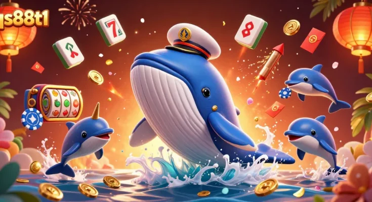 Win big at qs88t1 with an exciting 3D scene featuring a whale and playful dolphins amid casino elements.